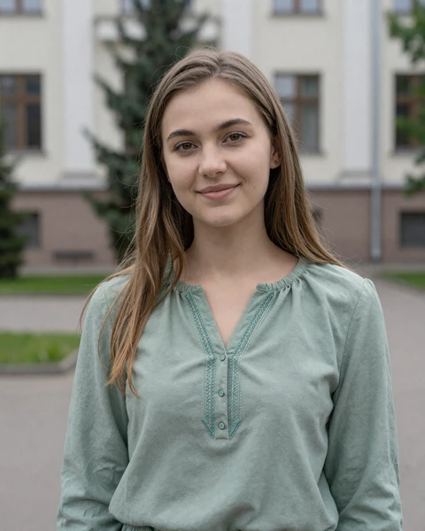 Sofiya from Chernivtsi in sage embroidered blouse at university courtyard