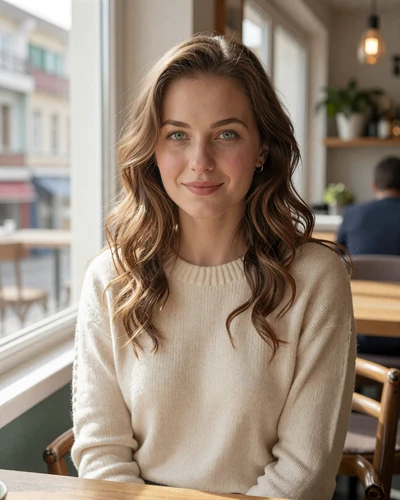 Yulia 27 from Odesa Ukraine smiling in cream knit sweater