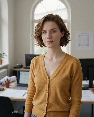 Tereza, a 28-year-old Czech architect from Prague in mustard cardigan at her design desk