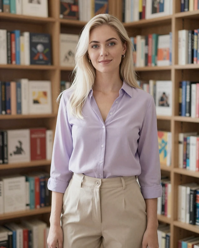Lilia from Chișinău in lavender blouse in a sunlit bookstore