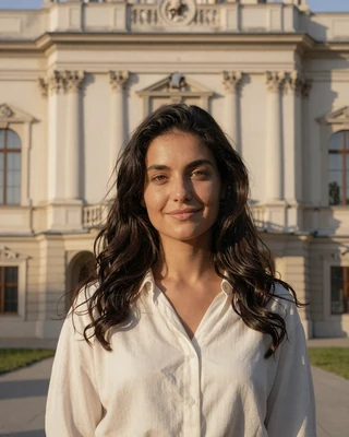 Kalina from Ruse in ivory blouse on a historic Baroque square
