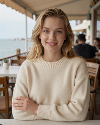 Yulia 27 from Odesa in cream knit sweater at seaside cafe
