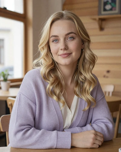 Katarína from Nitra in lavender cardigan sitting in a cozy wooden cafe