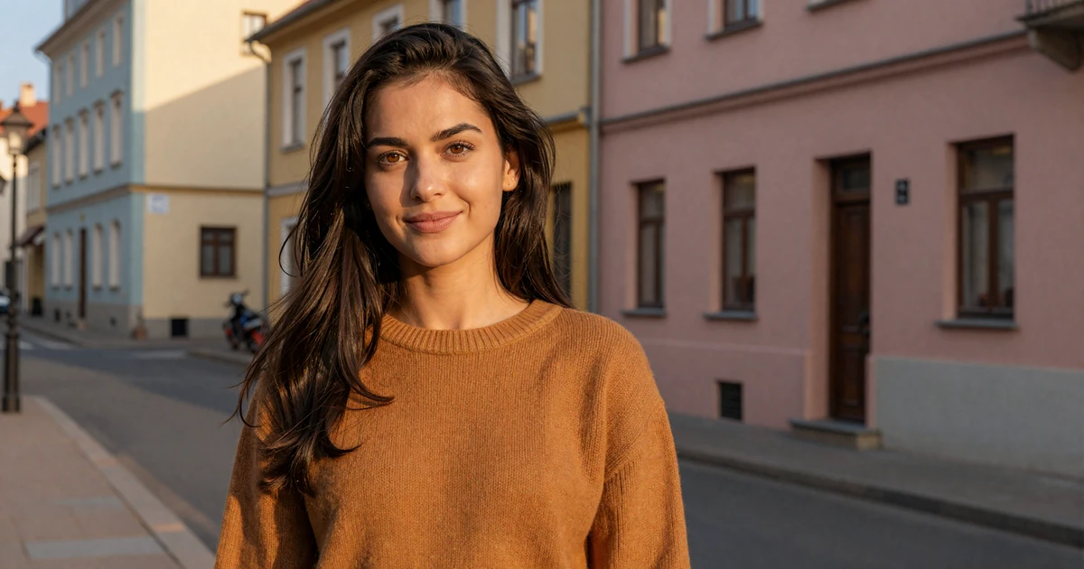 Ioana, a smiling Romanian woman in amber knit sweater on a sunlit Bucharest old town street representing Romanian women dating on Datingrusgirl