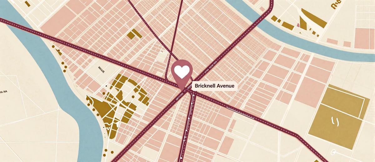 Illustrated map showing Datingrusgirl headquarters location on Brickell Avenue in downtown Miami