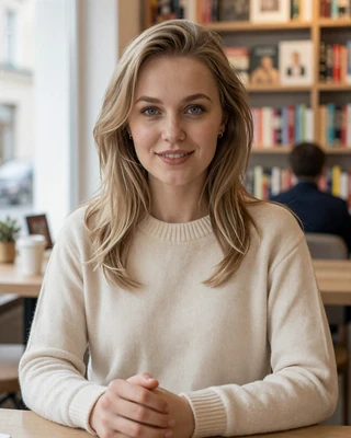 Anastasia, a 28-year-old Ukrainian chemist from Kyiv in cream knit sweater reading in a bookshop cafe