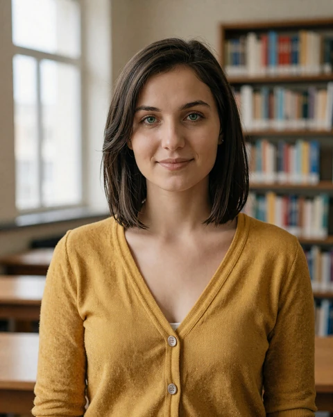 Anna from Kharkiv in mustard cardigan at university library