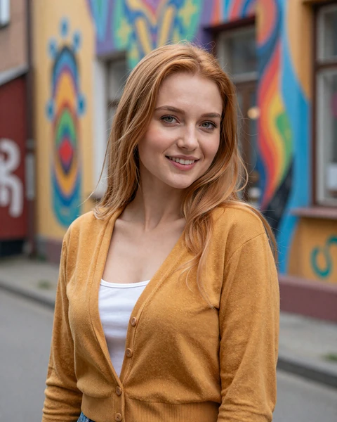 Weronika from Łódź in mustard cardigan in the street art district