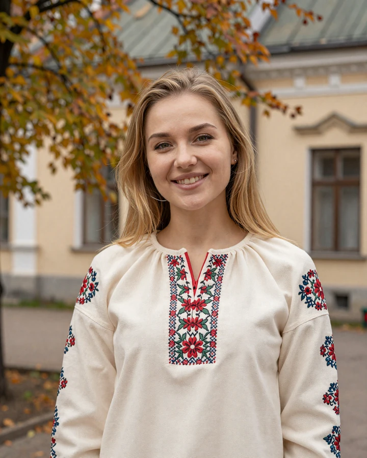Smiling Ukrainian woman in embroidered vyshyvanka blouse representing Ukrainian women dating on Datingrusgirl