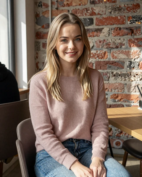 Lucie from Brno in dusty rose knit sweater in a sunlit cafe with exposed brick
