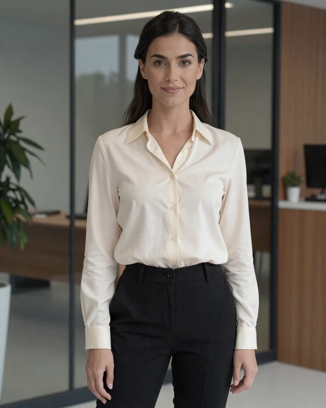 Gabriela from Bucharest in cream silk blouse in a modern office lobby