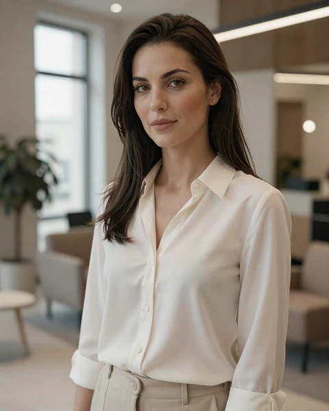 Karolina from Warsaw in ivory silk blouse in a modern office lobby