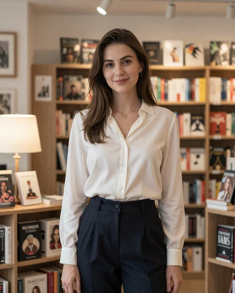 Eliška from Brno in ivory silk blouse in a cozy bookshop with warm lamps