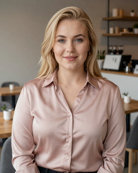 Iryna from Dnipro in dusty rose silk blouse at modern cafe