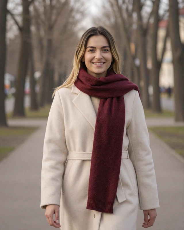Aliona from Bălți in cream coat and burgundy scarf in a tree-lined park