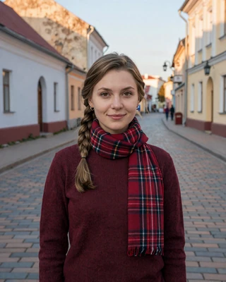 Volha from Grodno in burgundy knit sweater on a cobbled old-town street