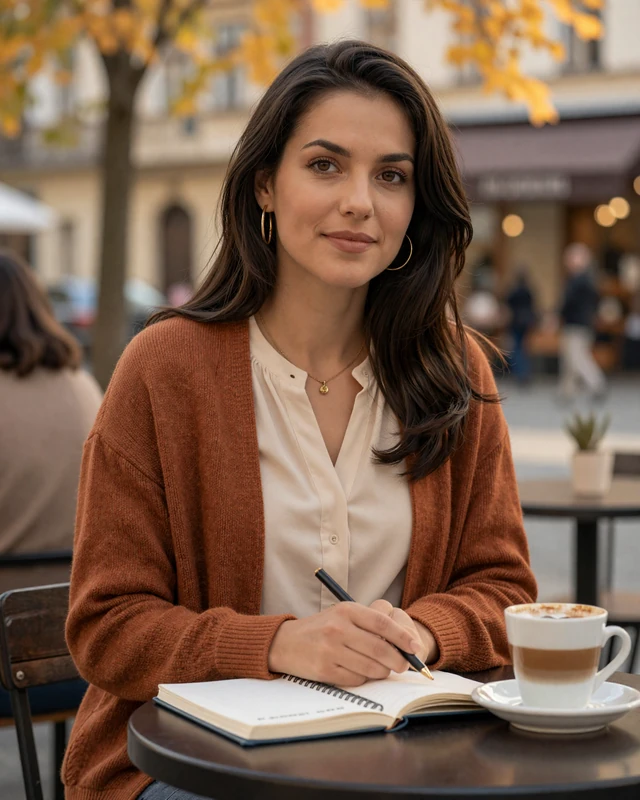 Elena from Bucharest in rust cardigan writing in a notebook at a sunlit cafe
