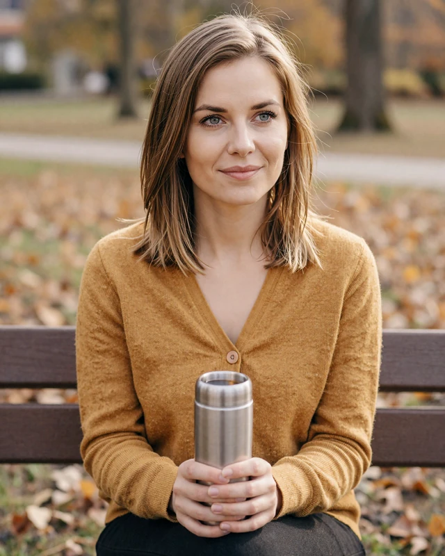 Klára from Brno in mustard cardigan on a park bench with a thermos of tea