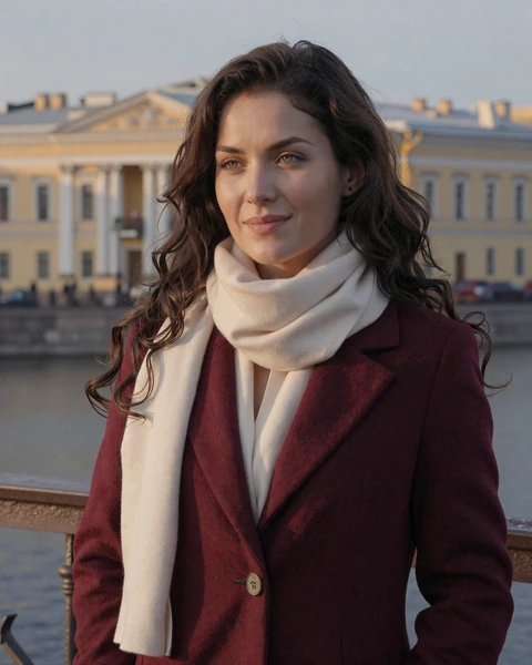Ekaterina from St. Petersburg in burgundy coat on bridge at dusk
