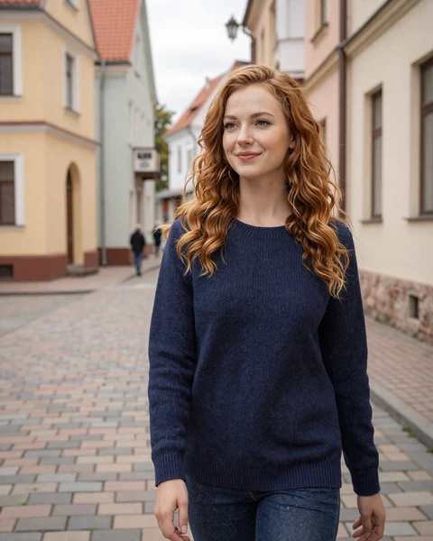 Veronika from Kaliningrad in navy knit sweater on cobbled street