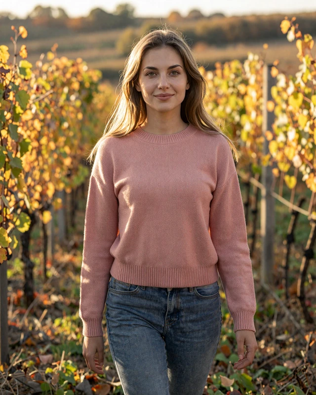Natalia from Cahul in dusty pink sweater walking through an autumn vineyard