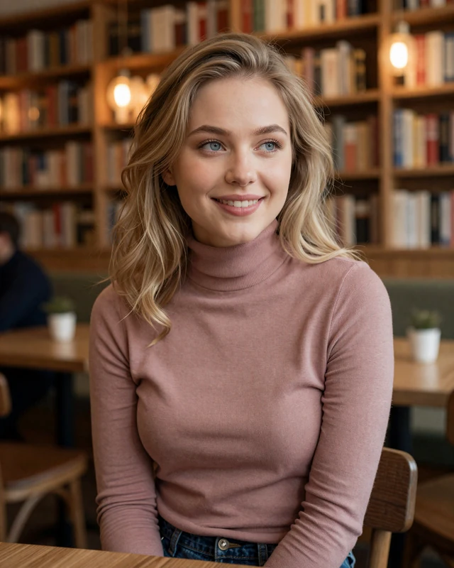 Aleksandra from Warsaw in dusty rose turtleneck at a library cafe