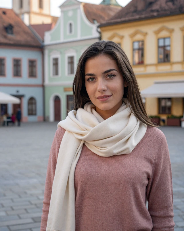Diana from Sibiu in dusty rose sweater in a medieval square