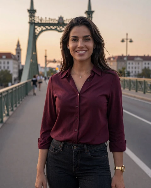 Anna from Szeged in burgundy blouse on a stone bridge at sunset