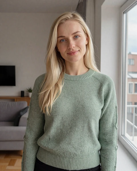Daria from Kazan in sage green knit sweater in bright apartment