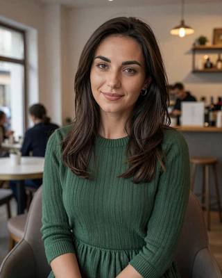 Ralitsa from Plovdiv in forest green knit dress in a cozy cafe