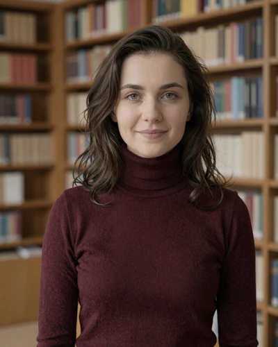Anastasia 29 from Moscow in burgundy turtleneck in a warm library