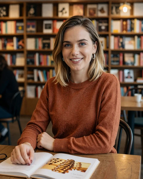 Aleksandra from Gdansk in rust sweater in a harbor cafe