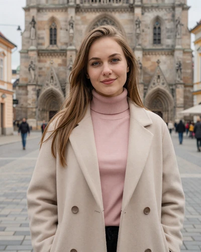 Lenka from Košice in dusty rose turtleneck on Hlavná street near the cathedral