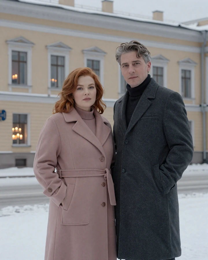 Elena from Saint Petersburg and David from Manchester standing together in a snowy Saint Petersburg street